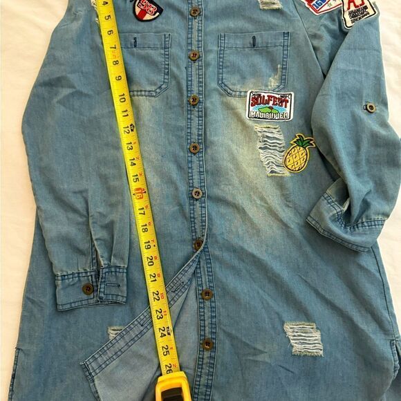 Hot & Delicious distressed denim long sleeved button down shirt with patches - S - Picture 5 of 11